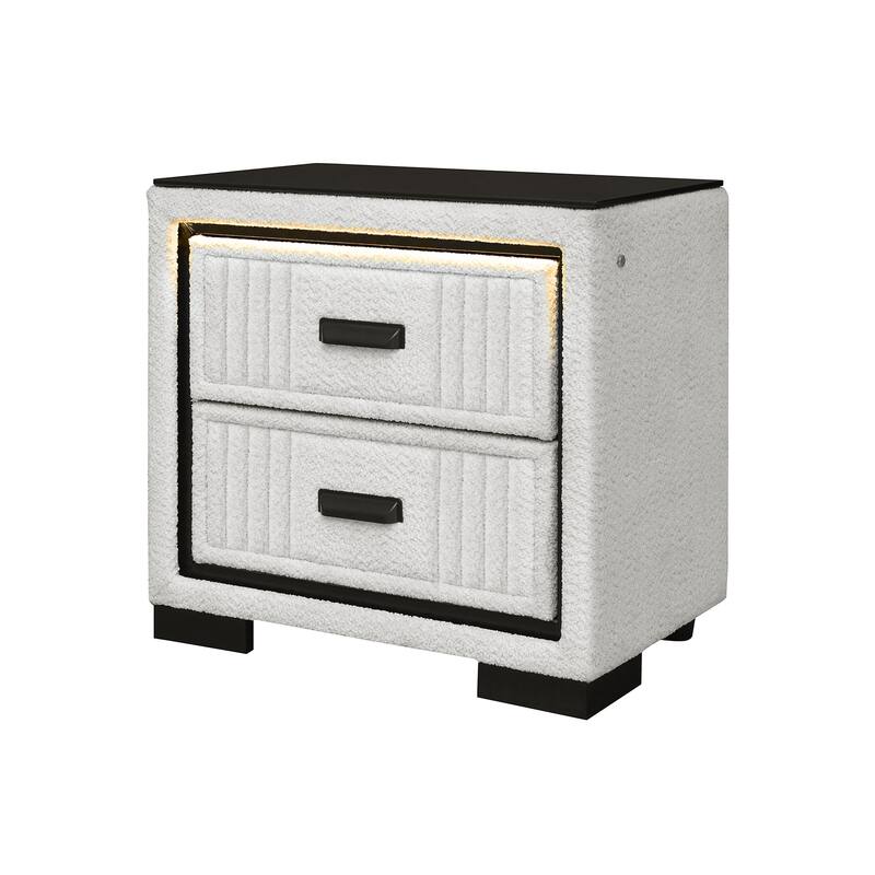 White and Black Upholstered Nightstand with LED Light