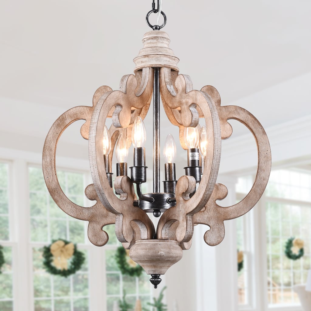 Cusp Barn Modern Farmhouse 6-Light Wood Chandelier Cottage Chic Pendant Light Rustic Coastal Ceiling Light for Kitchen