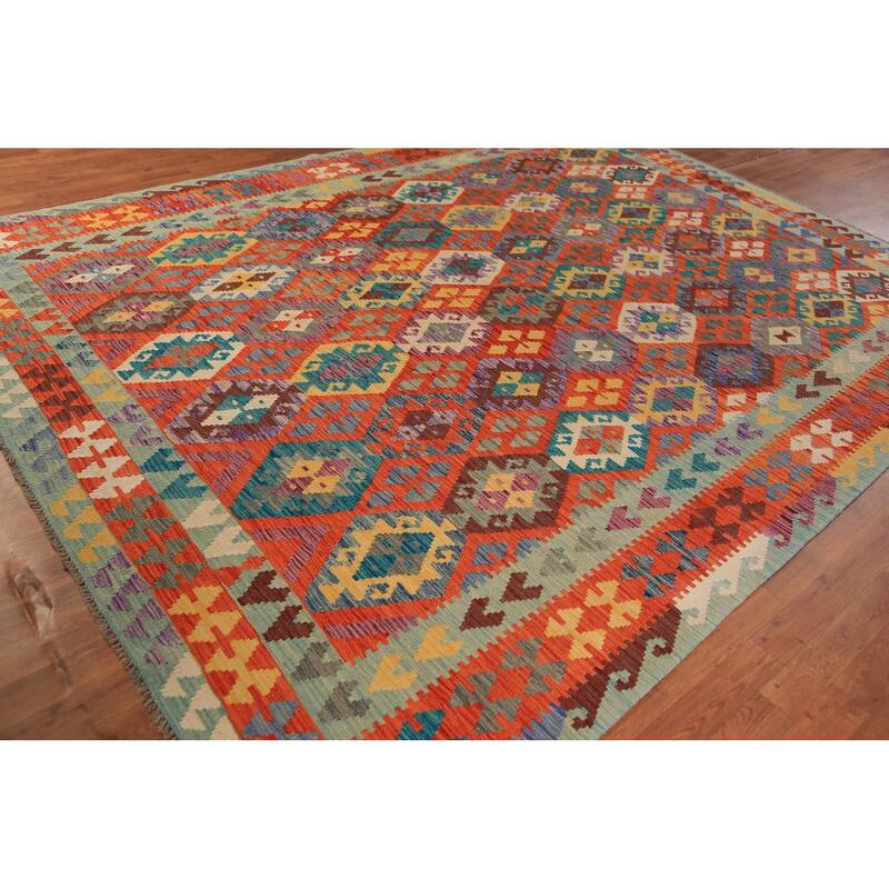 Orange Kilim Reversible Rug Flatweave Oriental Wool Carpet - 8'5"x 11'2"