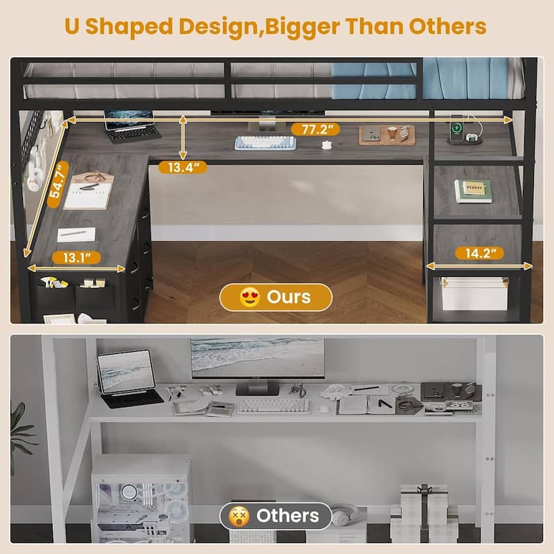 Loft Bed with Full Size U-Shaped Desk 6 Drawers Power Outlet 2 Storage Shelves