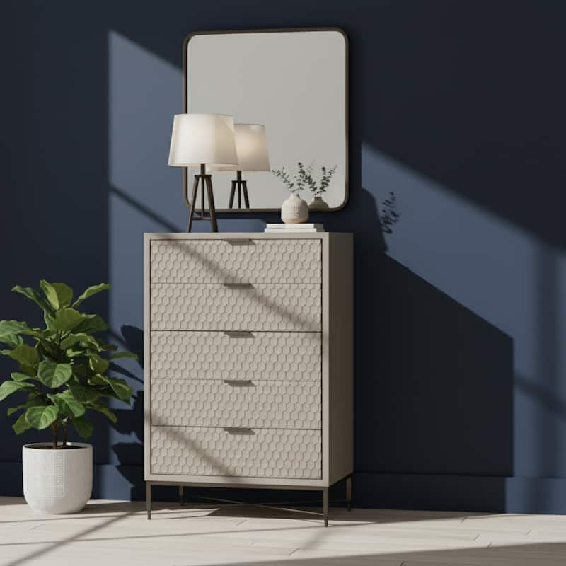 Rexi 48 Inch 5 Drawer Tall Dresser Chest, Honeycomb Texture, Taupe Gray