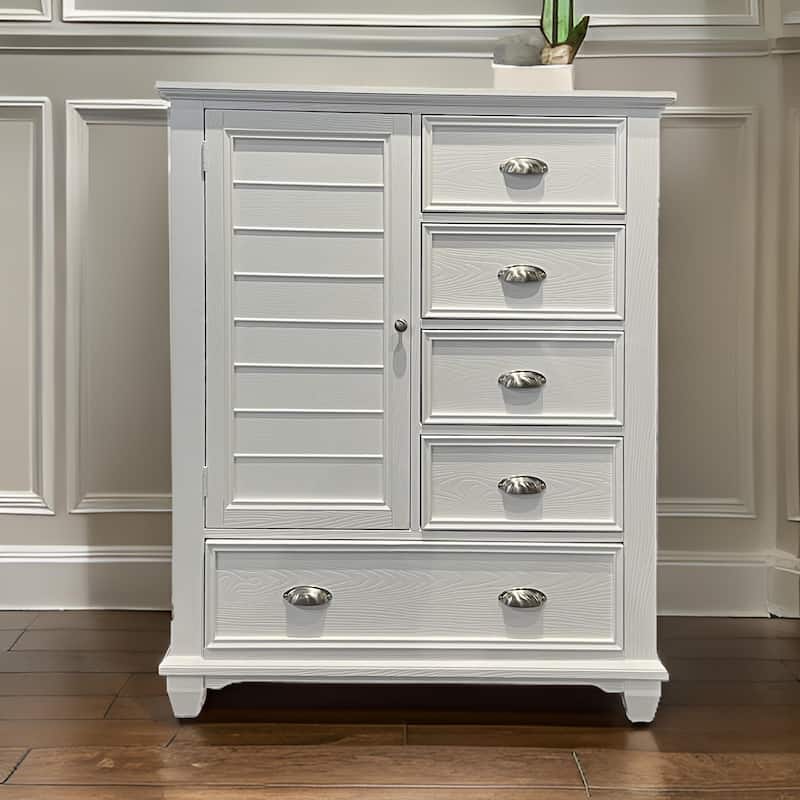 Limi 52 Inch Tall Dresser Chest with 6 Drawers and Door Shelves, White Wood