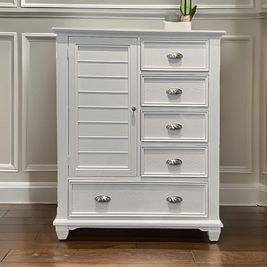 Limi 52 Inch Tall Dresser Chest with 6 Drawers and Door Shelves, White Wood