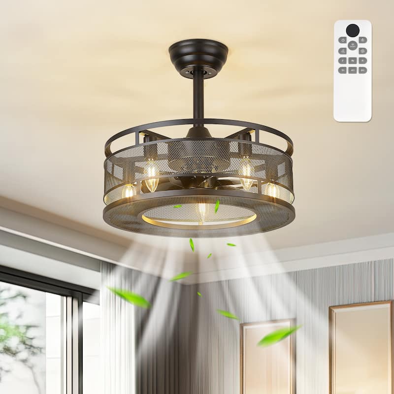 18" Farmhouse Reversible Caged Ceiling Fan with Light Kit and Remote - 18 Inches - Black