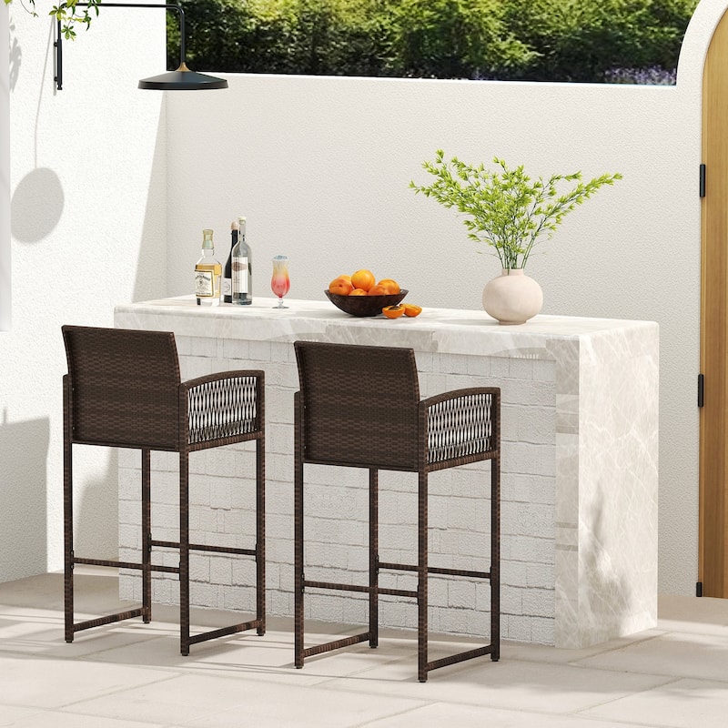 Outdoor Wicker Bar Stools Set of 2 Patio Chairs with Cushions and Footrest - 22" x 20.5" x 44"