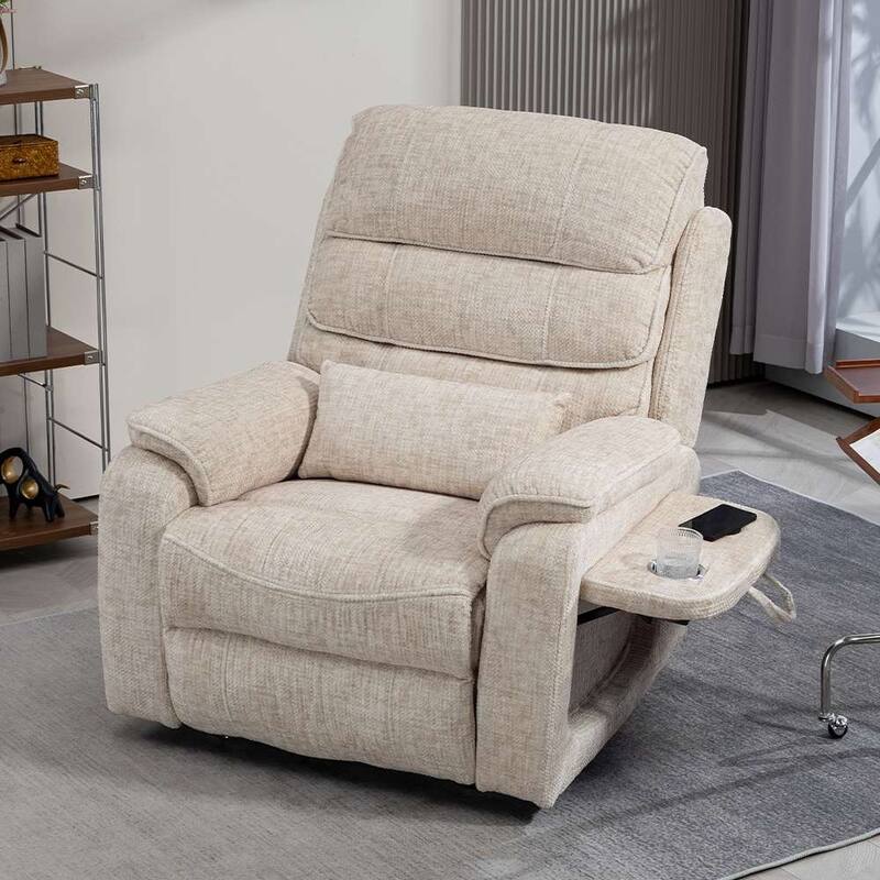 Dual Motor Oversized 180° Lay Flat Chenille Power Lift Recliner Chair with Retractable Tray, Wireless Charge
