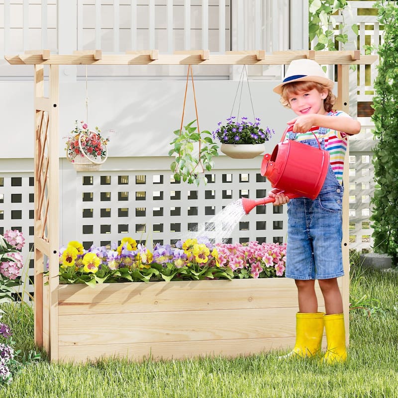 Gymax 2PCS Wooden Raised Garden Bed/ Lattice Trellises Hanging Roof