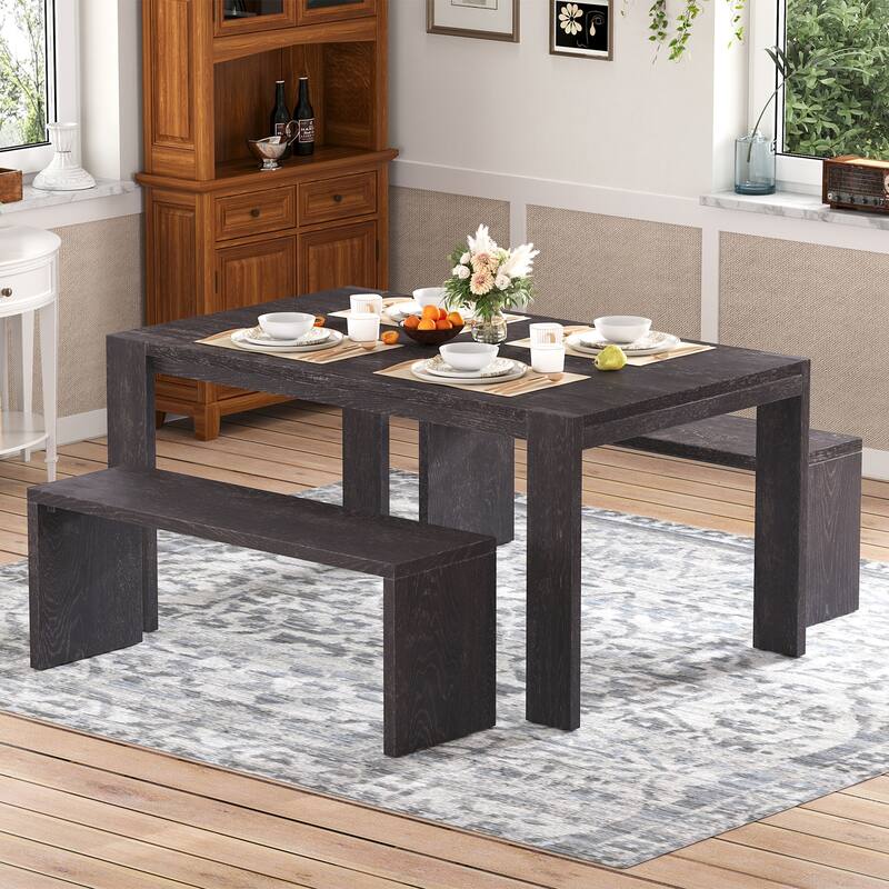 3-piece Farmhouse Style Simple Dining Set, Dining Table and 2 Benches, for Dining Room, Kitchen and Living Room - Espresso