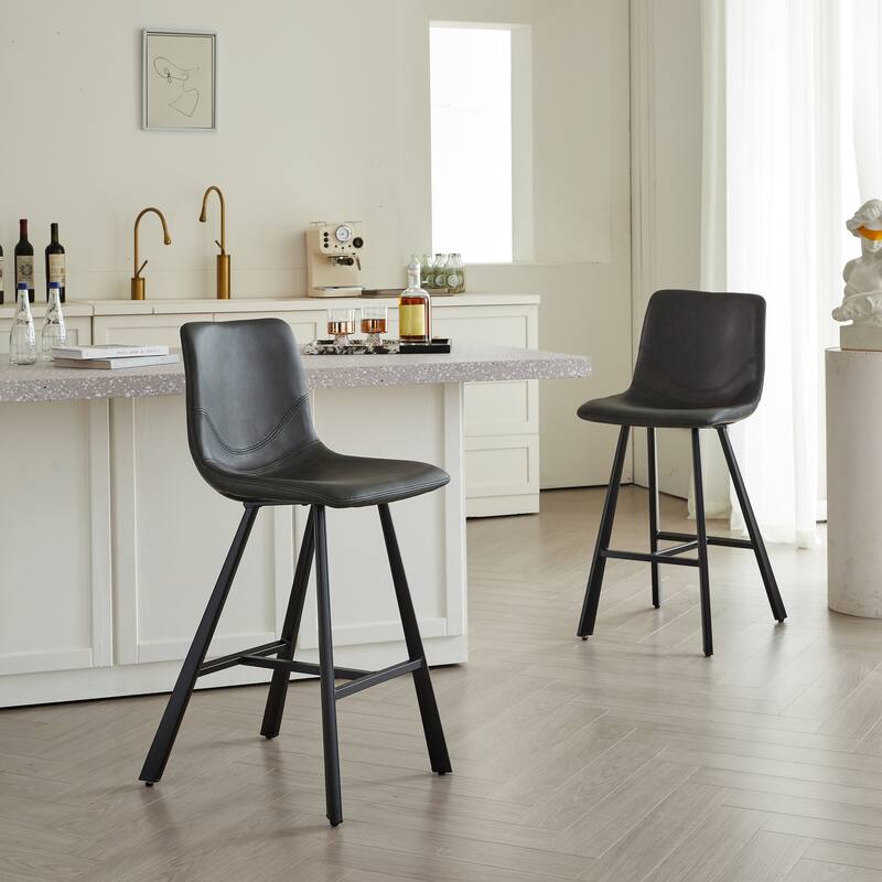 Rossetta 2-Piece Versatile Modern Style PU Bar Stool Set with Ergonomic Backrest and Reinforced Integrated Cross-Bar Footrest - Black PU