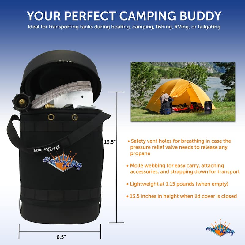 Flame King Gas Hauler Pro Kit - Insulated Protective Carry Case, 5LB Propane Tank with Built-in Gauge and 5-FT Hose for Camping