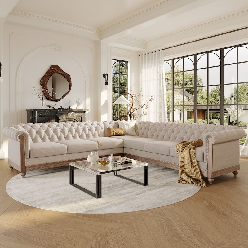 Castalia Chesterfield Tufted 7-seat Sectional Sofa by Christopher Knight Home - 114.00" L x 70.00" W x 31.50" H - Beige + Dark Brown