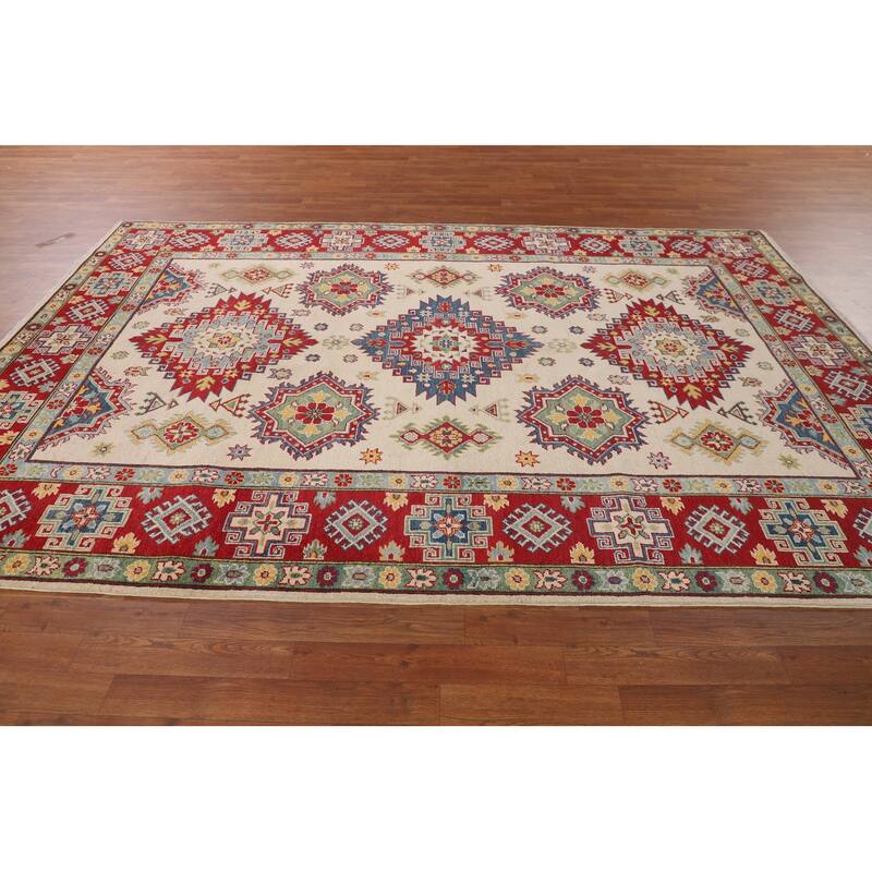 Beige / Ivory Traditional Kazak Oriental Area Rug Handmade Wool Carpet - 6'7" x 9'10"