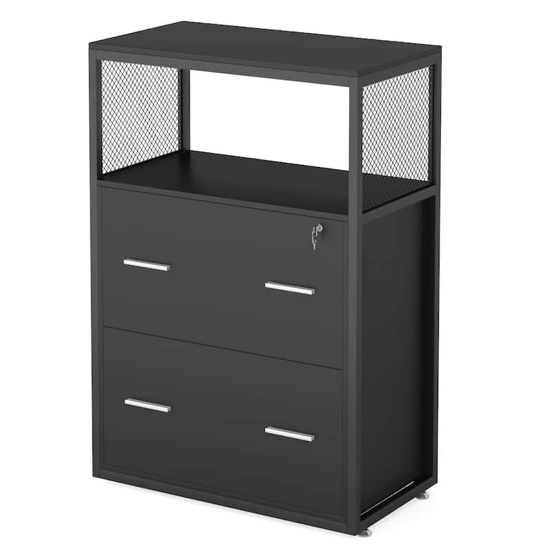 Walnut/ Black 2 Drawer Lateral File Cabinet with Open Storage Shelves, Industrial Filing Cabinet Printer Stand