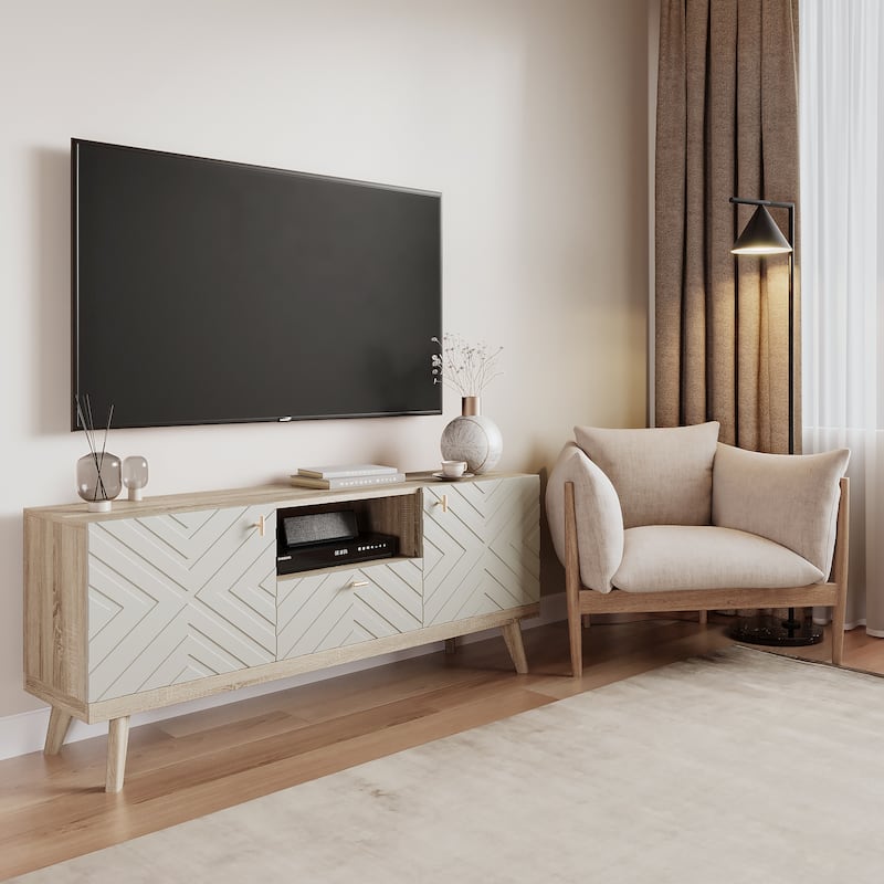 Living Skog Alba Beige TV Stand Console with Drawer Fits TV's up to 65 in. with Wood Legs Mid Century Modern Design