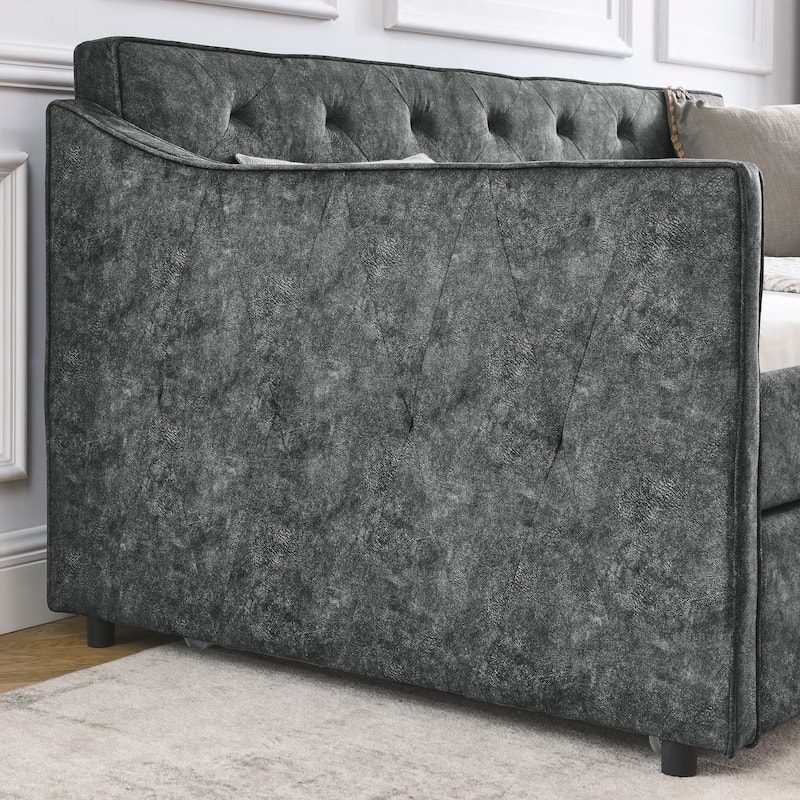 Twin Size Daybed with Twin Size Trundle Upholstered Tufted Sofa Bed, Waved Shape Arms, Grey (80.5"x44.5"x33.5")