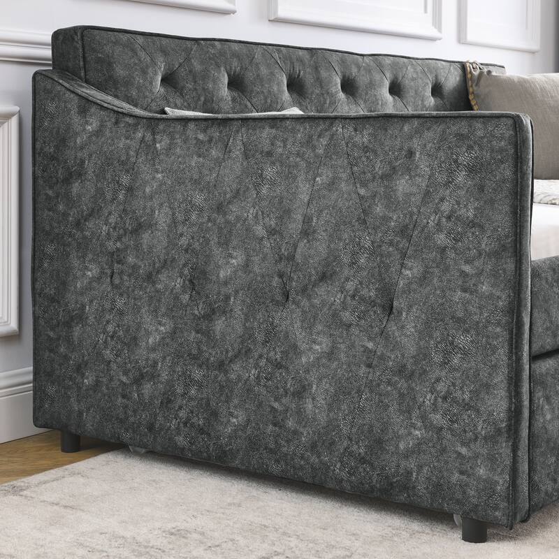 Twin Size Linen Upholstered Daybed Frame with Trundle & Tufted Backrest