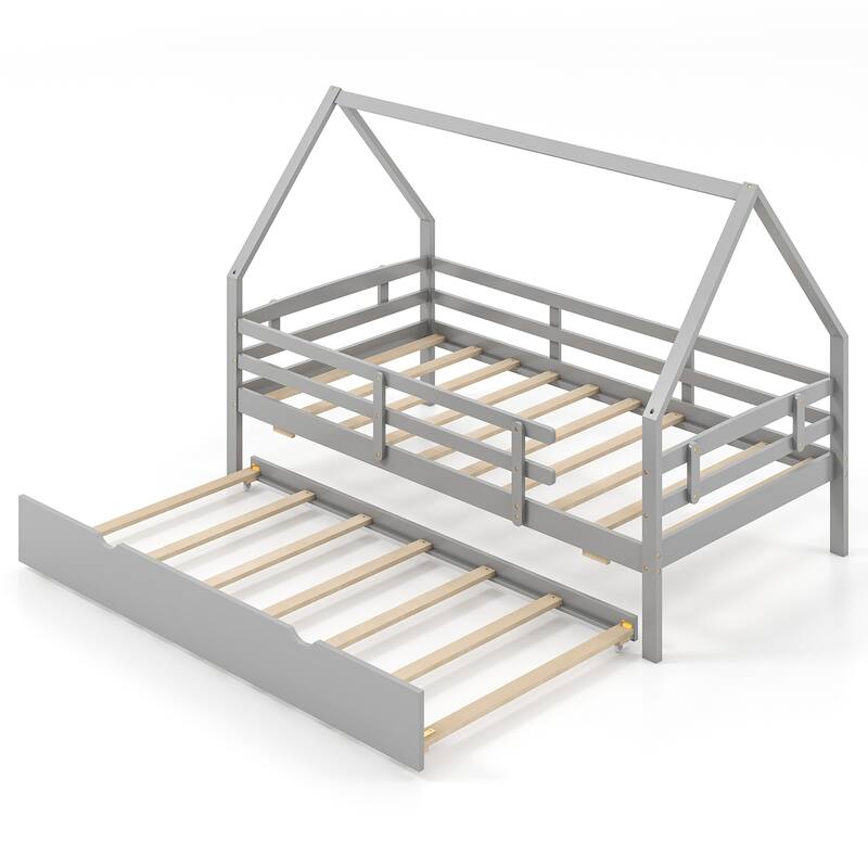 Gymax Twin Size House Bed w/ Trundle Wooden Kids Bed w/ Safety Rails &