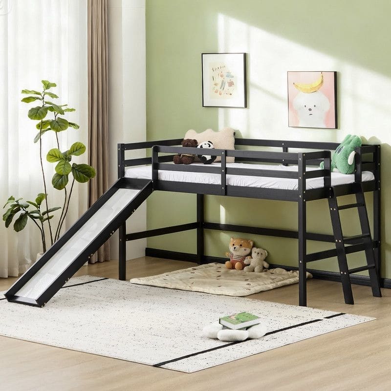 Loft Bed with Slide, Twin, Space Saving Kids Low Loft Bed with Guardrail and Ladder - Black - Twin
