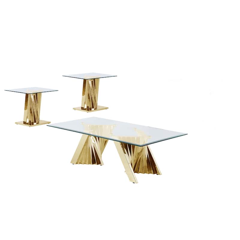 Best Quality Furniture Modern Glass Coffee Table Sets w/ Spiral Base - 1 Coffee Table + 2 End Tables - Gold - Glass