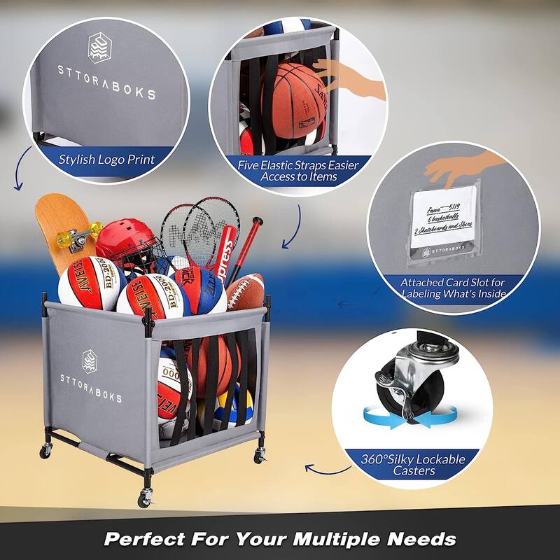 Sttoraboks Sports Ball Storage Cart with Wheels, Lockable Ball Organizer Basket for Garage Storage