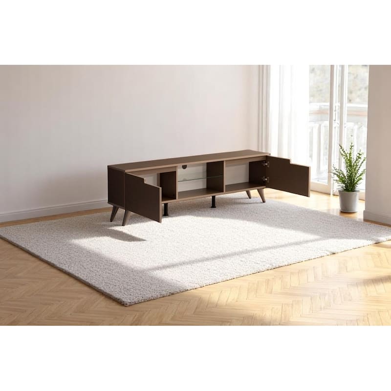 Dannie Modern TV Stand with 2 Doors Storage Cabinets 1 Glass Shelf, Wood Finish, Living Room Entertainment Center