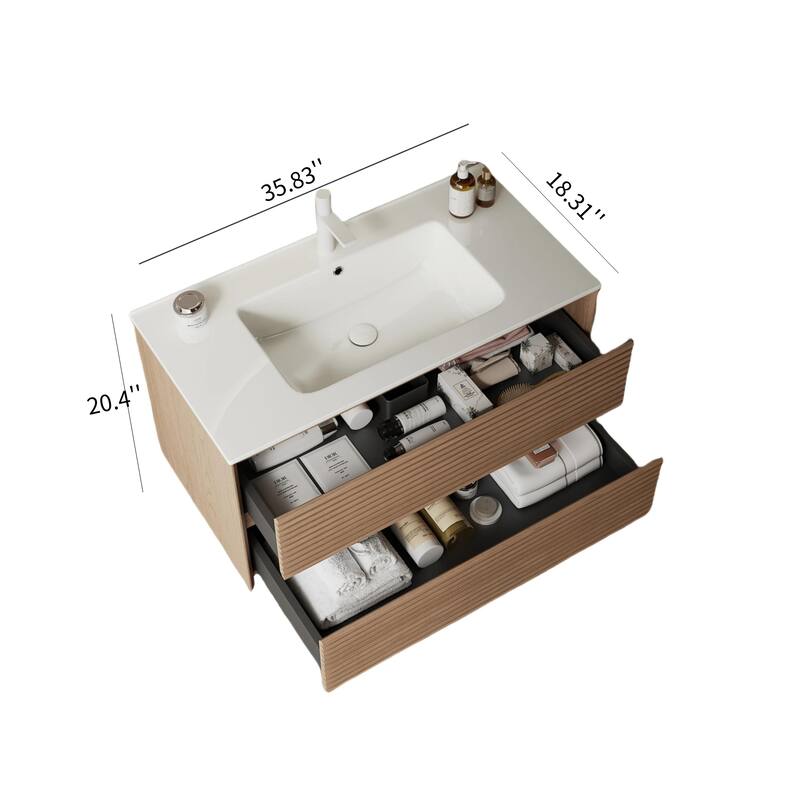 36" Floating Bathroom Vanity, White Ceramic Basin, Wall-Mounted Plywood Cabinet with 2 Soft-Close Drawers and Drain