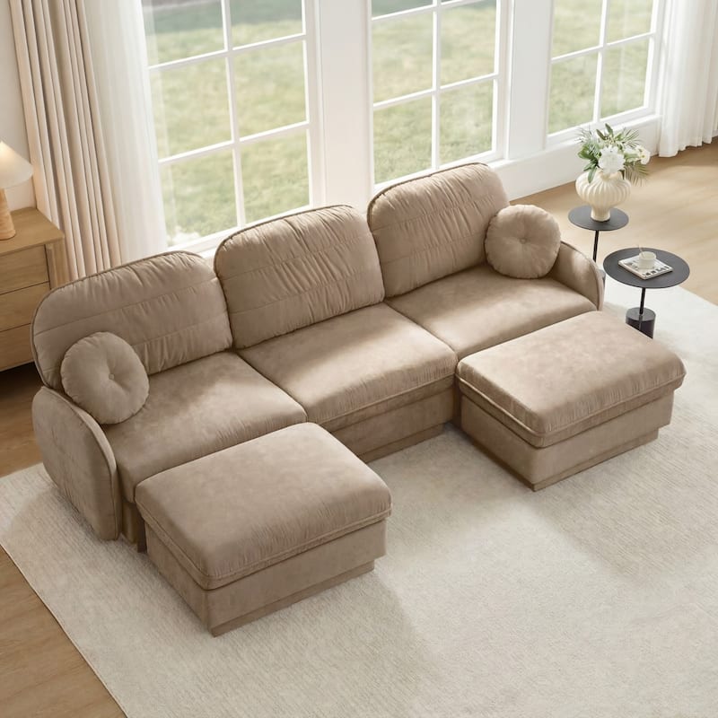 105" Chenille Sectional Sofa with 2 Round Pillows and 2 Movable Ottomans - Light Coffee