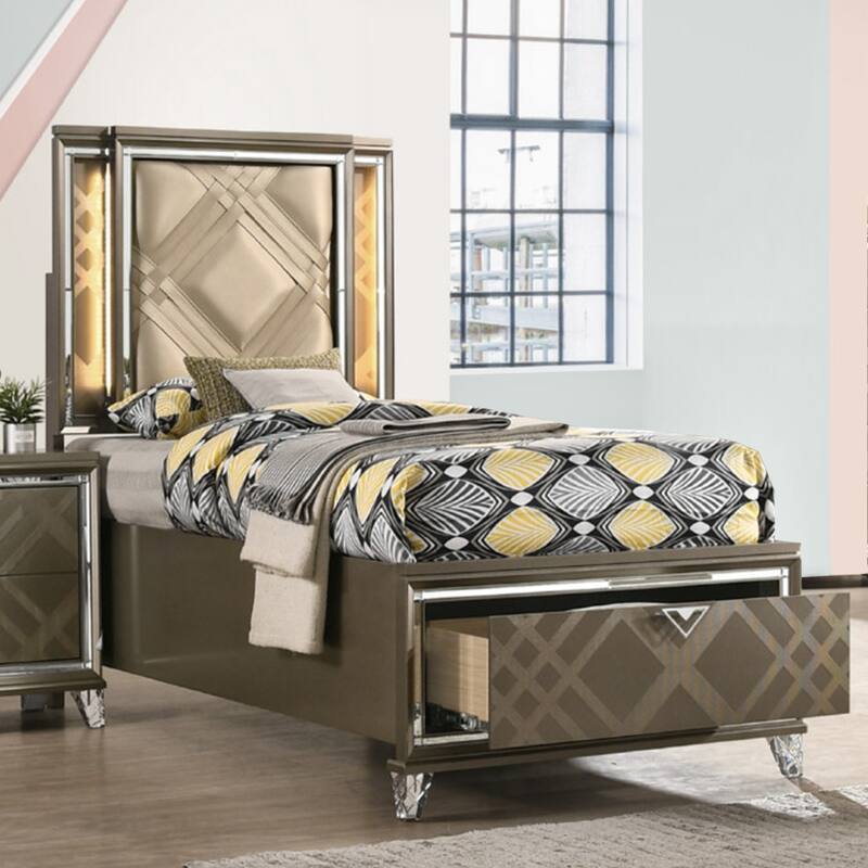 Faux Leather Bed with 2 Drawers in Dark Champagne Finish