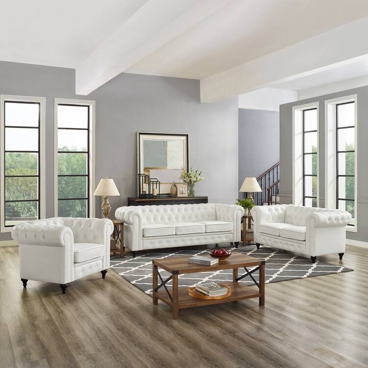 Chesterfield 3 Piece Living Room Sectional Sofa Set with Rolled Arms Button Tufted Cushion Sofa Loveseat for Living Room