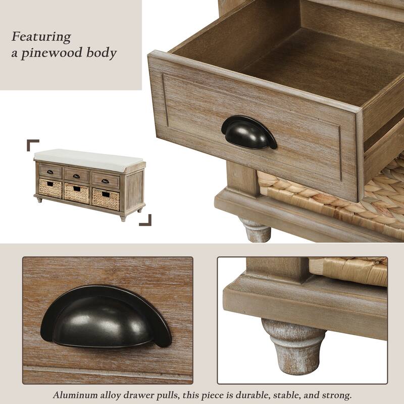 Rustic Linen Upholstered Storage Bench with Drawers & Rattan Baskets - Perfect for Farmhouse Decor