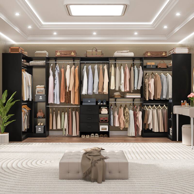 Rackcog 96'' W Closet Organizer with Drawers and Hanging Rods, Wardrobe Closet System (can be cut to fit)