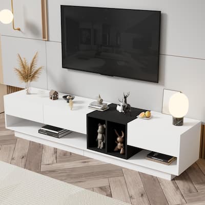 Two-Tone TV Stand with Open Storage, Wood Media Console for TVs Up to 80", Wide Top Media Console Table for Living Room