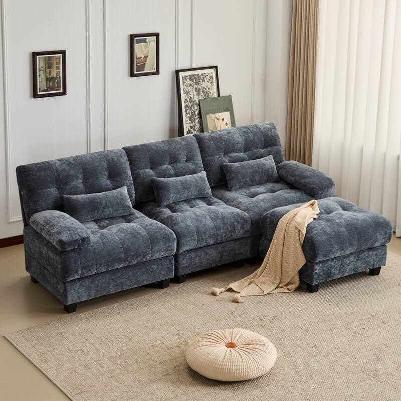 GDFStudio - 4-Piece Adjustable Backrest 93" Chenille Sofa with Ottoman and 3 Throw Pillows - Blue