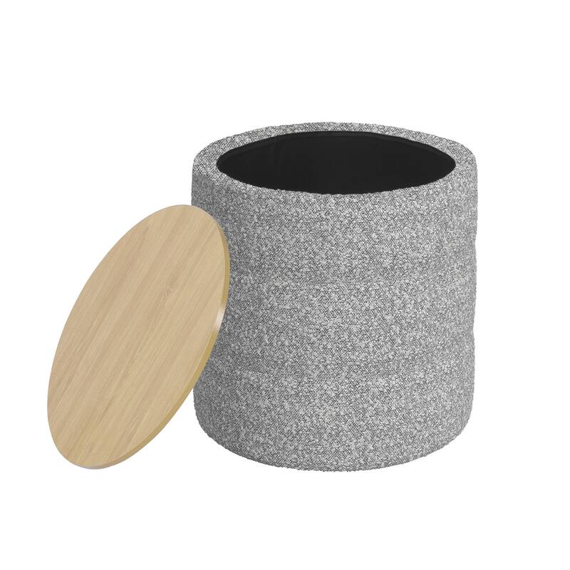 Mona Storage Ottoman, 19 Inch Round Lift Top, Channeled Gray Boucle