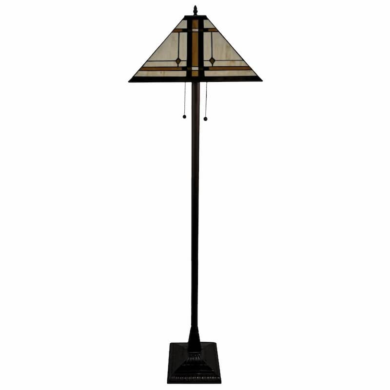 Brown Metal Traditional Floor Lamp with Stained Glass Shade and Pull Chain - 17” x 17” x 62” (D x W x H) - Brown-White