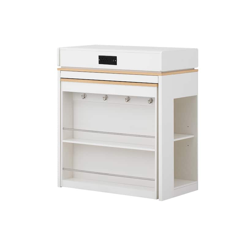 Extendable Dining Table with Folding Tabletop, Bar Table with Drawers and Power Outlet, Kitchen Island with Wheels and Hooks