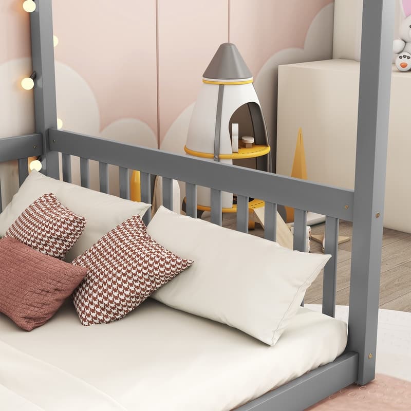 Full Size Wood Canopy Bed with Guardrails,Floor Bed For Kids
