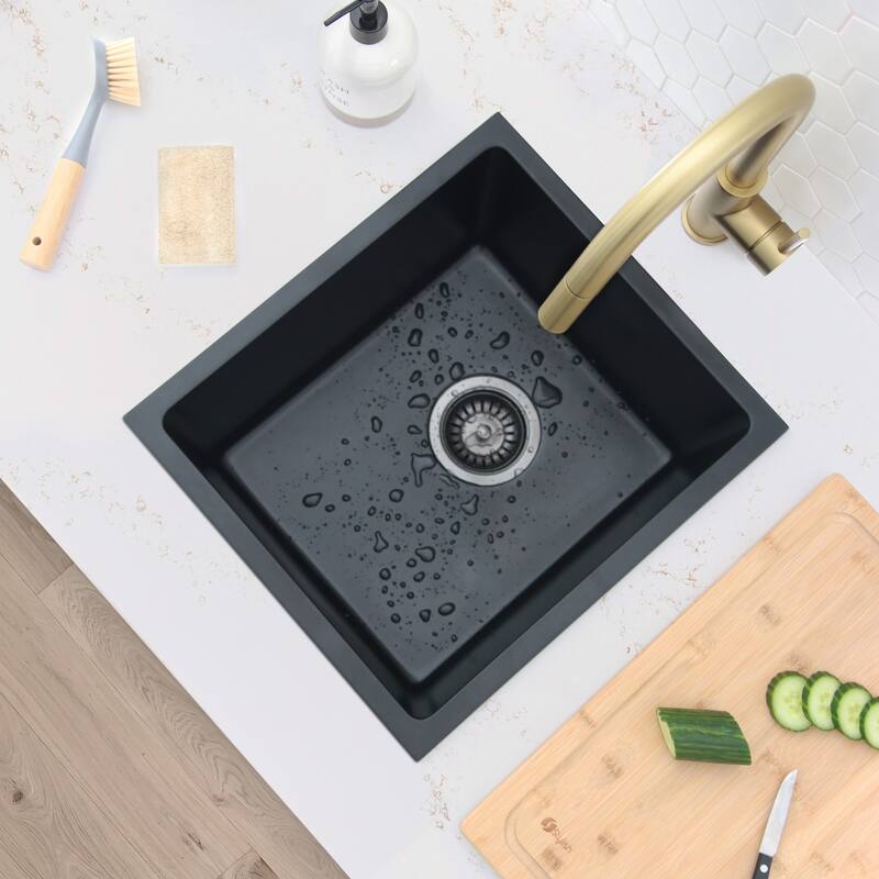 STYLISH 15.5 inches L x 17.5 inches W Dual Mount Single Bowl Composite Granite Kitchen Sink with Strainer - 15.5" x 17.5" x 8.5"