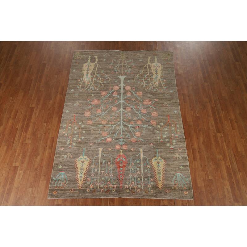 Hand Knotted Oriental 100% Wool Carpet Transitional Floral Brown Oushak Area Rug - 8' 11'' X 6' 1''