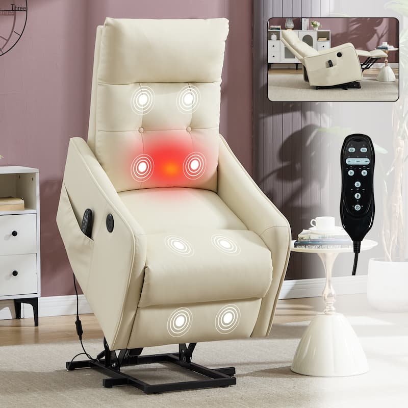 PU Leather Recliner with Single Motor Lift Massage Heat and 155 Degree Recline - Beige