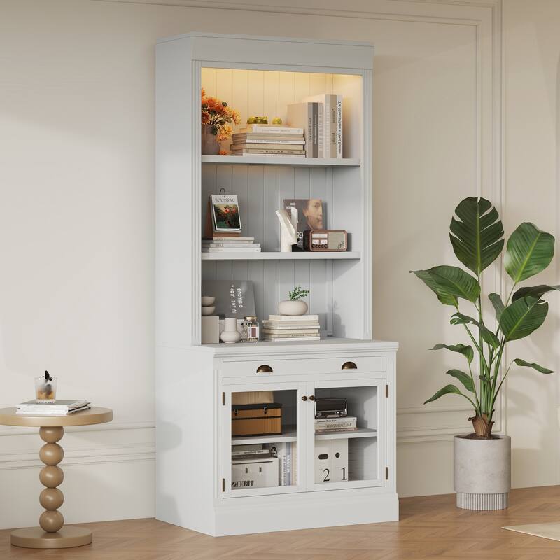 Versatile Tall Bookshelf with LED Lighting and Multiple Storage Options for Home - White - Letter