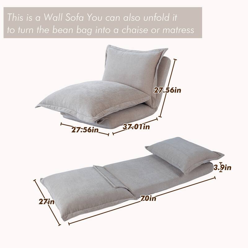 Chenille Upholstered Convertible Flip Comfy Bean Bag Lazy Sofa with Adjustable Backrest for Living Room