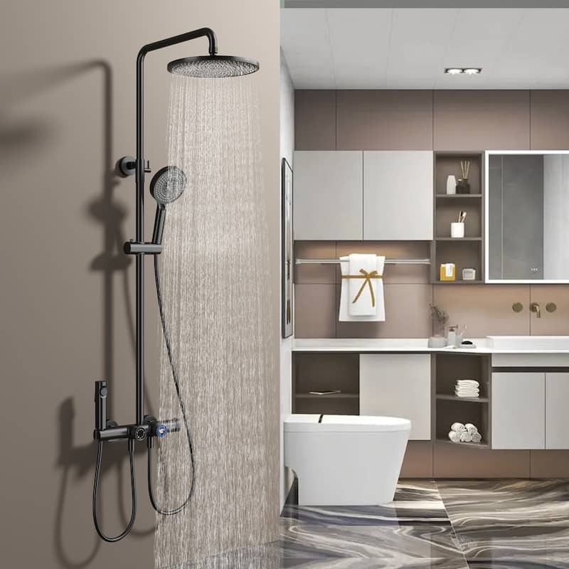 Wall Mounted 6-way Thermostatic Rain Showerhead with high-pressure Handheld Showerhead and Spray in Black/Gold