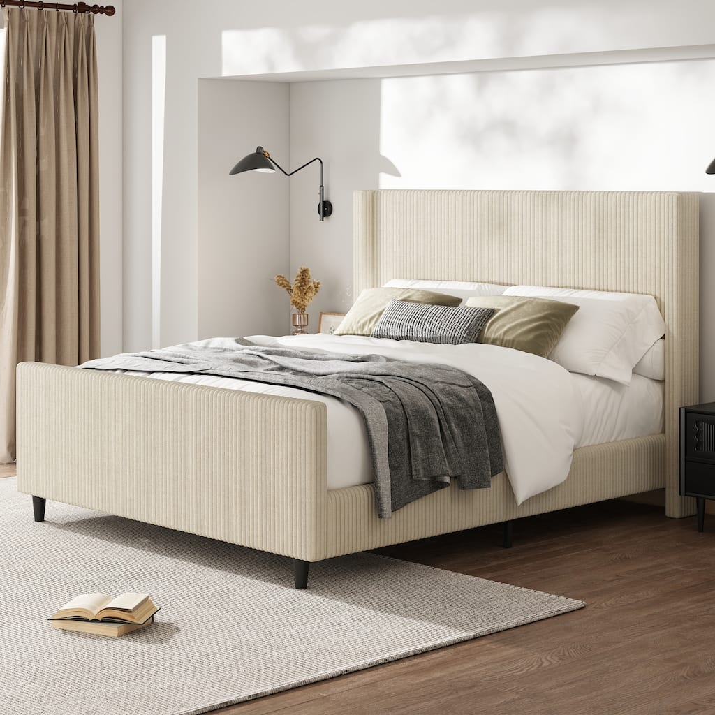 50.7" tall Corduroy upholstered bed frame with vertical textured wingback headboard