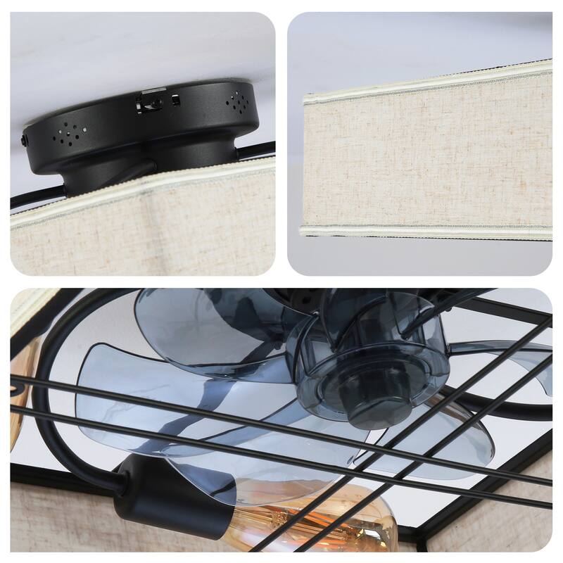 16.6"Square Fabric Flush Mount Ceiling Fan,Reversible Motor,DC Remote Control,7 PCS PC Blades,6 Speed Ceiling Fan,Timing