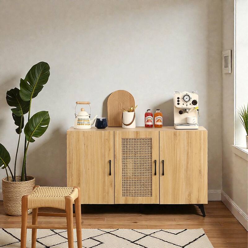 45" Three-Door Storage Cabinet with Natural Rattan Mesh, Large Kitchen Sideboard for Living Room, Dining Room, or Restaurant