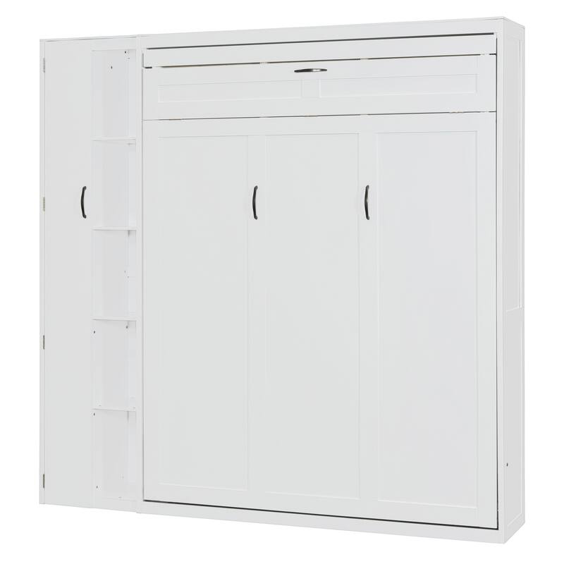 Queen Size Wall Bed with Shelves, Wardrobe, and LED Lights, Space-Saving Design