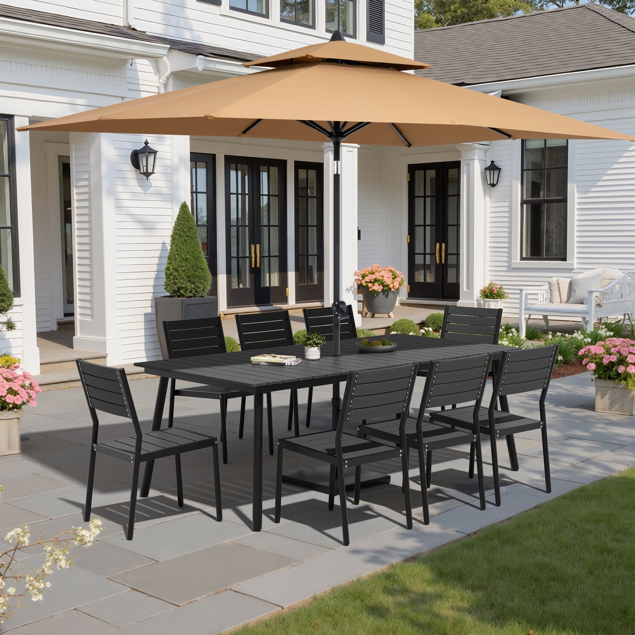 11-Piece Patio Dining Set Aluminum Table and 8 Stackable Chairs w/10 ft Umbrella and Base Stand