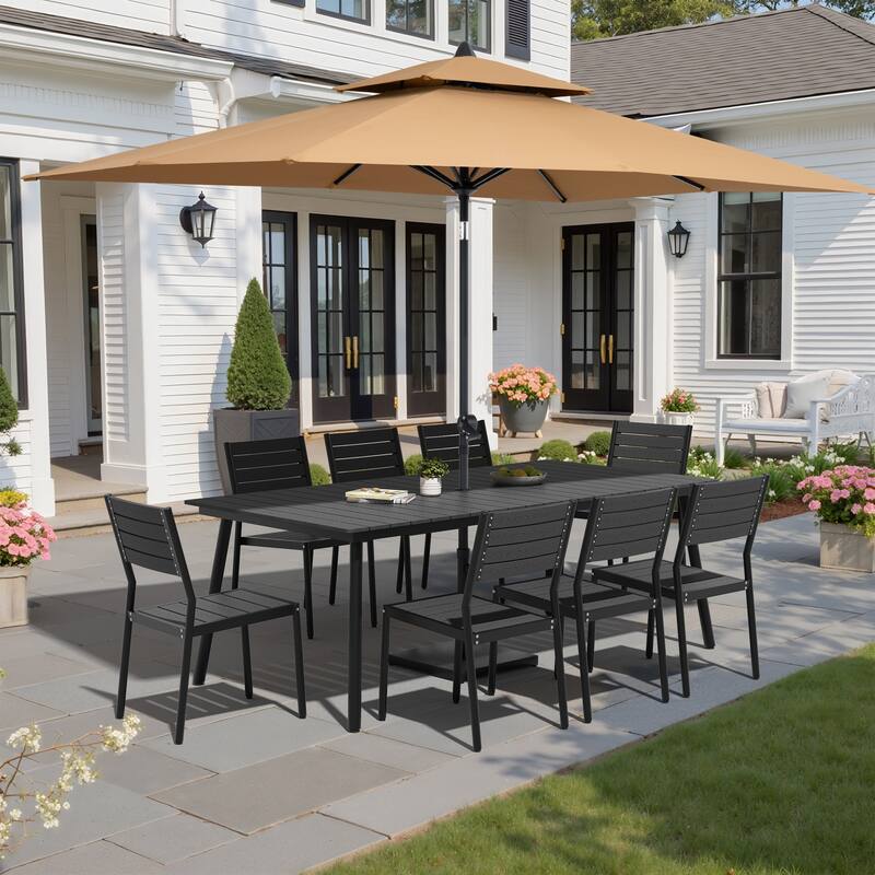 11-Piece Patio Dining Set Aluminum Table and 8 Stackable Chairs w/10 ft Umbrella and Base Stand - Black Table with Tan Umbrella