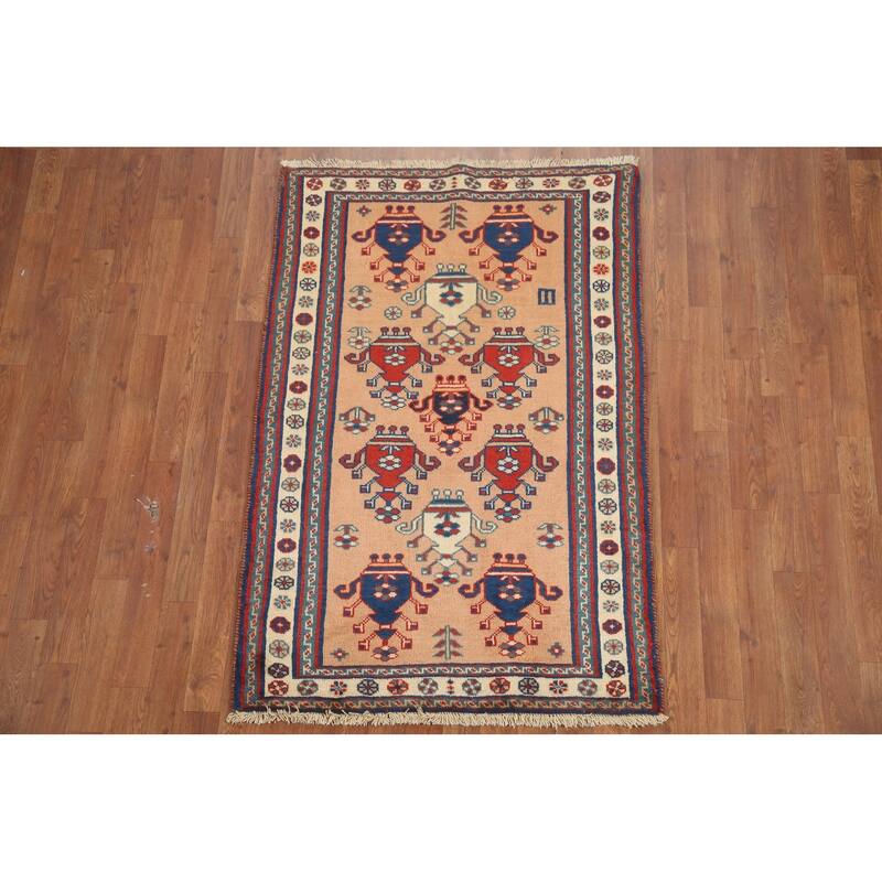 Hand Knotted Oriental 100% Wool Carpet Traditional Geometric Peach Hamedan Area Rug - 4' 10'' X 3' 2''